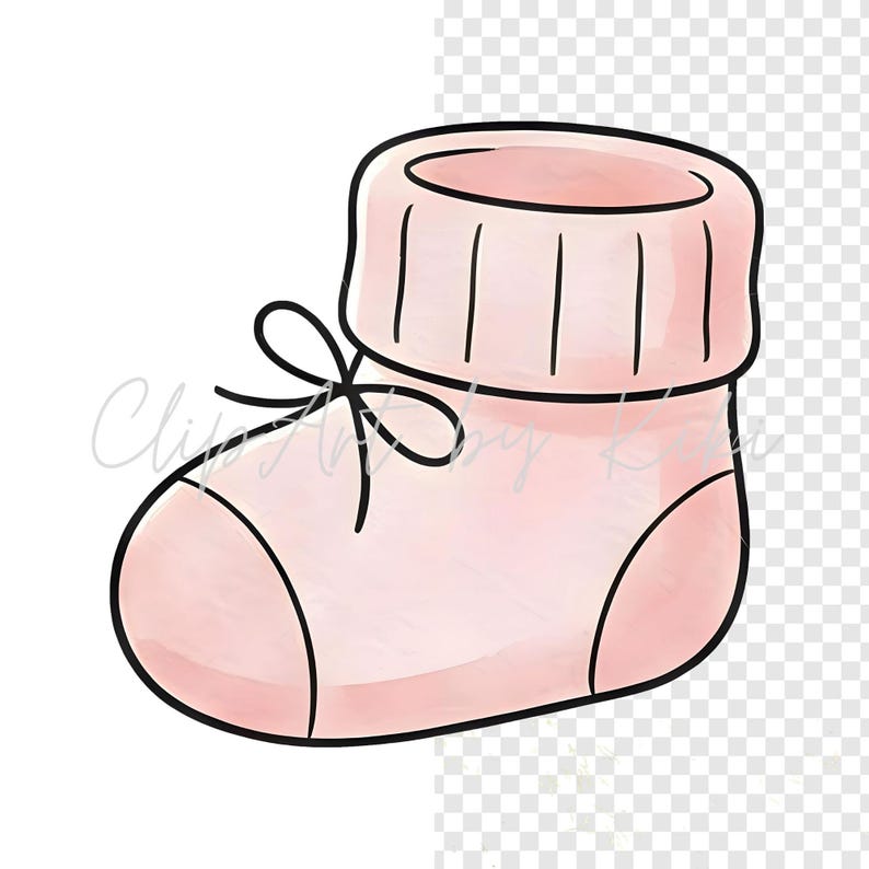 Puede incluir: Ilustraci&oacute;n en acuarela de un calcet&iacute;n de beb&eacute; en rosa suave. El calcet&iacute;n tiene un pu&ntilde;o enrollado y un lazo negro atado en la parte delantera. El dise&ntilde;o est&aacute; delineado en negro.