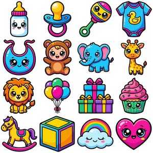 Puede incluir: Una colección de ilustraciones coloridas con temática de bebé. Incluye un biberón, un chupete, un sonajero, un body, un babero, un osito de peluche, un elefante, una jirafa, un león, globos, regalos, una magdalena, un caballito balancín, un bloque, un arcoíris y un corazón.