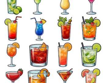 16 Cocktail Clipart PNG Bundle, Bold Modern Graphic Style, Printable Stickers, Digital Download