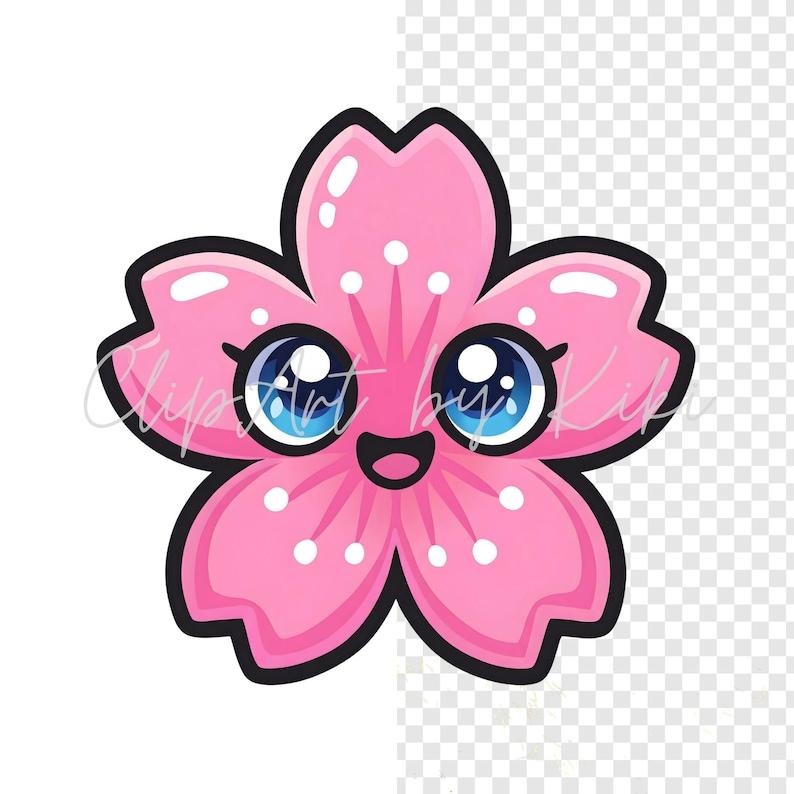 Kawaii pink blossom flower PNG clipart with five petals and white details