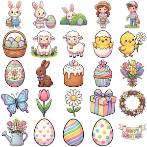 May include: A selection of colourful Easter-themed illustrations. The image features bunnies, chicks, lambs, decorated eggs, a cake, a cupcake, flowers, a butterfly, a gift box, and a wreath. A banner reads "Happy Easter".