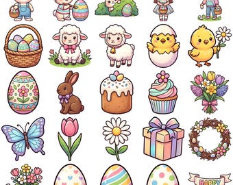 25 Soft Kawaii Easter Clipart PNG Bundle, Digital Download