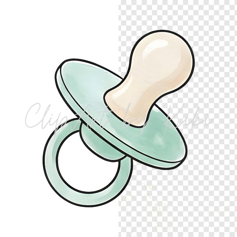 Puede incluir: Ilustraci&oacute;n en acuarela de un chupete para beb&eacute;. El chupete presenta un escudo y un anillo azul claro, con una tetina beige. El dise&ntilde;o, delineado en negro, tiene una est&eacute;tica suave y pintada a mano, ideal para productos para beb&eacute;s.