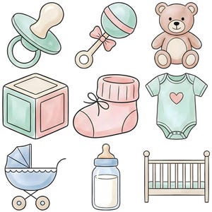 Puede incluir: Ilustraci&oacute;n en acuarela de art&iacute;culos para beb&eacute;s, que incluyen un chupete, un sonajero, un oso de peluche, un bloque, un calcet&iacute;n, un body con un coraz&oacute;n, un cochecito, un biber&oacute;n y una cuna. Los art&iacute;culos son de colores pastel rosa, azul y beige.