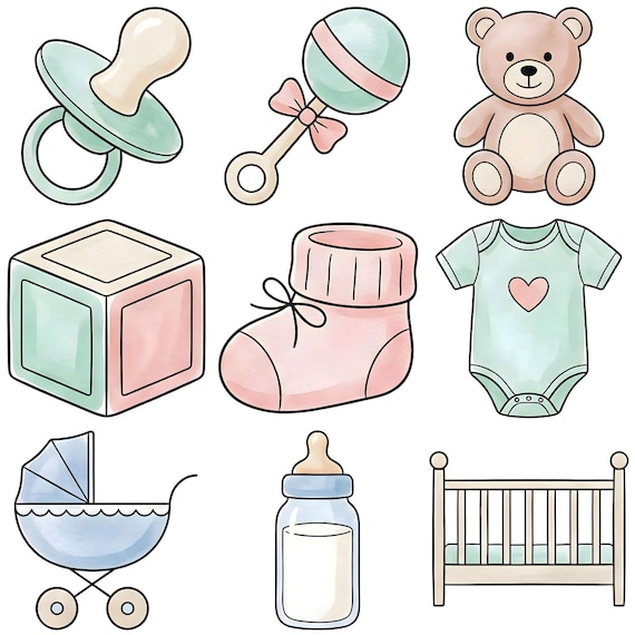 9 Baby Essentials Watercolor Clipart PNG Bundle, Clean Illustrative Style, Digital Download
