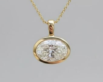 Horizontal Oval Moissanite Necklace in 14k Gold, Bezel Set Solitaire Pendant, East West Diamond Necklace, Minimalist Jewelry Gift for Her