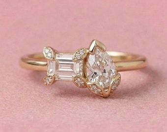 Modern Toi Et Moi Wedding Ring, Pear & Emerald Moissanite Engagement Ring, Two Stone Nature Inspired Ring, 14K Yellow Gold alternative Ring