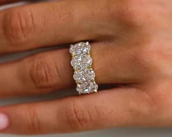 Four Stone Wedding Band, Oval Cut Half Eternity Engagement Ring, Elegant Anniversary Ring, Matching Promise Ring For Her