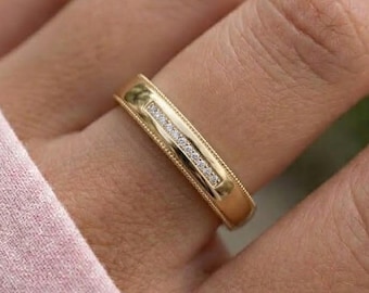 14K Gold Diamond Wedding Band, Minimalist Stacking Ring, Thin Gold Band, Diamond Accent Ring, Dainty Wedding Ring, Promise Ring for Her