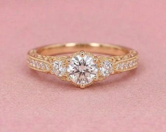 Vintage 14K Rose Gold Diamond Ring, Dainty Diamond Band, Art Deco Inspired Wedding Band, Milgrain Stacking Ring,Delicate Floral Promise Ring