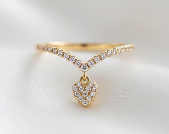 Heart Dangle Ring, Round Cut Lab Diamond Ring, V Shaped Chevron Ring for Women, Pave Heart Charm Drop Ring, Hanging Charm Promise Ring Gift