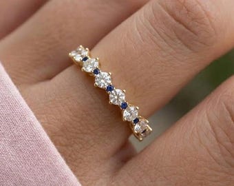 Diamond and Blue Sapphire Eternity Ring, Yellow Gold Wedding Band, Alternating Gemstone Stacking Ring, Dainty Anniversary Band for Women