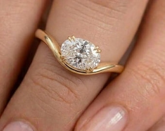 Oval Solitaire Engagement Ring, 14K Gold Floating Basket Ring, Minimalist Curved Ring, Moissanite Promise Ring, Wedding Ring for Women