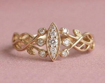 14K Gold Leaf Vine Ring, Round Moissanite Ring, Nature Inspired Engagement Ring, Woodland Wedding Ring, Floral Promise Ring, Unique Ring