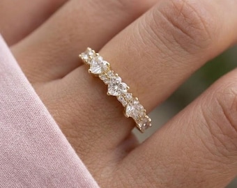 Heart Diamond Eternity Wedding Band, Gold Heart Shaped Ring, Moissanite Wedding Band, Stacking Ring,14K Yellow Gold Anniversary Gift for Her