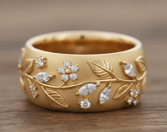 Matte Gold Diamond Floral Wedding Band, Wide Etched Flower Ring, Nature Inspired Eternity Ring for Women, Leafy Vine Engraved Band For Her