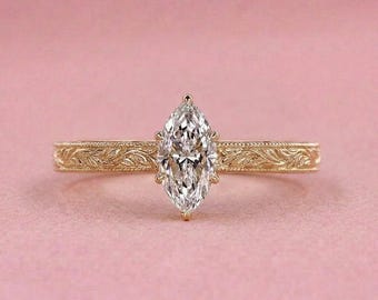 Marquise Moissanite Engagement Ring, Vintage Floral Engraved 14K Gold Ring, Unique Solitaire Ring, Art Deco Promise Ring,Bridal Jewelry Gift