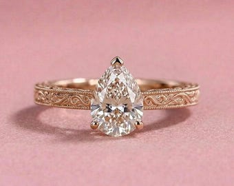 Pear Cut Engagement Ring, Vintage Gold Ring, Solitaire Diamond Ring, Engraved Wedding Ring, Unique Pear Shaped Ring, Bridal Jewelry Gift