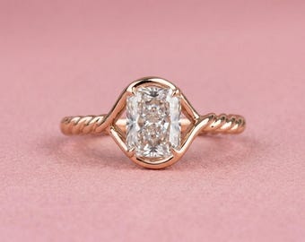 Radiant Moissanite Engagement Ring, 14K Solid Rose Gold Twisted Band Ring, Solitaire Promise Ring, Unique Bridal Promise Ring, Gift for Her