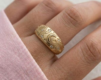 Celestial Moon Star Ring, Wide Engraved Band Ring, Cosmic Jewelry, Vintage Inspired Statement Promise Ring, 14K Yellow Gold Gift for Women