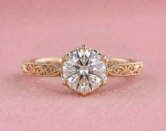 Vintage Engagement Ring, Round Cut Moissanite Solitaire Ring, Floral Engraved Wedding Ring, 14K Yellow Gold Antique Inspired Promise Ring