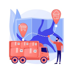 Puede incluir: Ilustración de un camión de reparto lleno de paquetes, con un carrito de compras y un alfiler de ubicación de casa en un mapa. Una persona señala el alfiler de la casa. El camión y los alfileres son naranjas, el mapa es azul y el fondo es blanco.