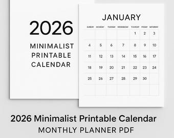 Calendrier minimaliste 2026 à imprimer mensuel, PDF A4 et lettre US, téléchargement immédiat