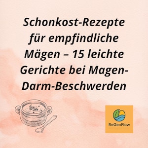 Könnte beinhalten: Pfirsichfarbener Hintergrund mit dem Text "Schonkost-Rezepte für empfindliche Mägen - 15 leichte Gerichte bei Magen-Darm-Beschwerden." Eine Strichzeichnung einer Suppenschüssel mit einem Löffel befindet sich unten links. Ein Logo für ReGenFlow befindet sich unten rechts.