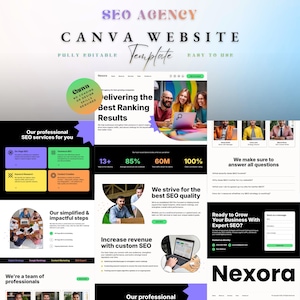 May include: A digital Canva website template for an SEO agency featuring a white, black, and green colour scheme. The layout includes sections for professional services, team profiles, contact forms, and statistics, with text reading Nexora and SEO Agency.