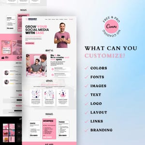 K&ouml;nnte beinhalten: Ein Website-Design in Rosa und Wei&szlig;, das eine Social-Media-Agentur bewirbt. Das Design enth&auml;lt den Text "Grow Your Social Media With Ease" und "What Can You Customize?" mit Optionen f&uuml;r Farben, Schriftarten, Bilder und mehr.