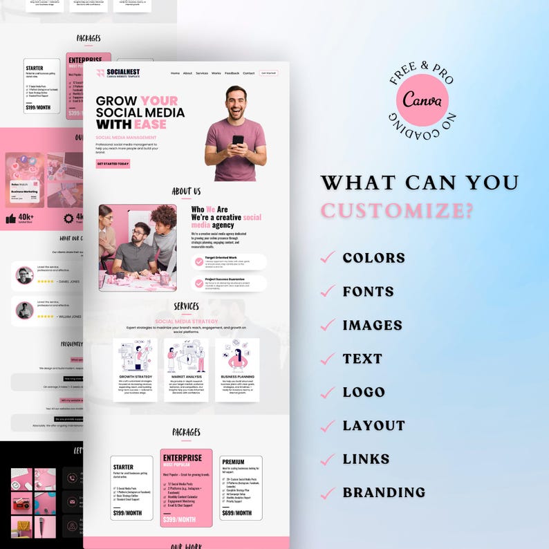 K&ouml;nnte beinhalten: Ein Website-Design in Rosa und Wei&szlig;, das eine Social-Media-Agentur bewirbt. Das Design enth&auml;lt den Text "Grow Your Social Media With Ease" und "What Can You Customize?" mit Optionen f&uuml;r Farben, Schriftarten, Bilder und mehr.