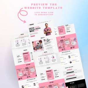 K&ouml;nnte beinhalten: Vorschau einer Website-Vorlage in Rosa und Wei&szlig;. Der Text enth&auml;lt "PREVIEW THE WEBSITE TEMPLATE" und "LIVE DEMO LINK IN DESCRIPTION". Das Design zeigt Abschnitte f&uuml;r Dienstleistungen, Pakete und Kundenreferenzen.