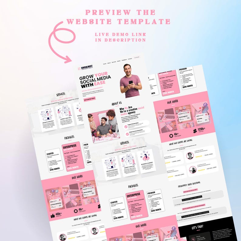 K&ouml;nnte beinhalten: Vorschau einer Website-Vorlage in Rosa und Wei&szlig;. Der Text enth&auml;lt "PREVIEW THE WEBSITE TEMPLATE" und "LIVE DEMO LINK IN DESCRIPTION". Das Design zeigt Abschnitte f&uuml;r Dienstleistungen, Pakete und Kundenreferenzen.