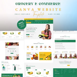 Könnte beinhalten: Eine voll editierbare Canva-Website-Vorlage für E-Commerce-Lebensmittel, einfach zu bedienen. Das Design verfügt über ein grünes und gelbes Farbschema mit Abschnitten für vorgestellte Produkte, Kategorien und Angebote. Der Text enthält "Grocery E-commerce".