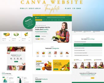 Grocery E-Commerce Canva Website Template, Online Grocery Store Website, Editable Food Shop Website, Landing Page Template