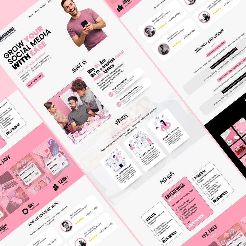K&ouml;nnte beinhalten: Website-Design in Rosa und Wei&szlig;, das Social-Media-Management-Dienste pr&auml;sentiert. Die Website enth&auml;lt Abschnitte f&uuml;r Dienstleistungen, Pakete und Kundenreferenzen. Der Text lautet: "Steigern Sie Ihre Social Media Pr&auml;senz mit Leichtigkeit."