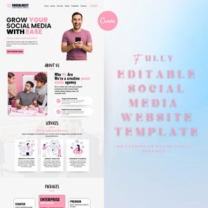 K&ouml;nnte beinhalten: Eine Website-Vorlage mit rosa und wei&szlig;em Design, die Social-Media-Management bewirbt. Das Design enth&auml;lt den Text "Grow Your Social Media With Ease" und "Fully Editable Social Media Website Template."