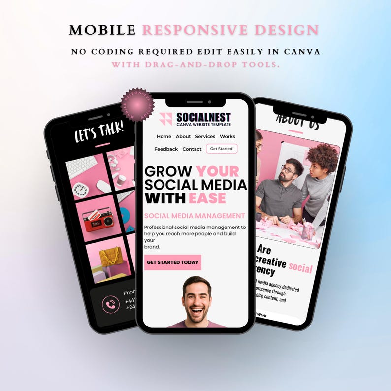 K&ouml;nnte beinhalten: Drei Smartphones, die Website-Designs anzeigen. Das zentrale Telefon zeigt eine Website-Vorlage mit dem Text "SOCIALNEST" und "GROW YOUR SOCIAL MEDIA WITH EASE". Die anderen Telefone zeigen verschiedene Webseiten an. Das Bild enth&auml;lt den Text "MOBILE RESPONSIVE DESIGN."