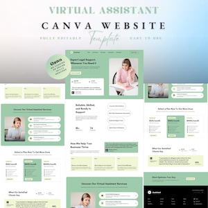 May include: A Canva website template for virtual assistants, featuring a green and white design. The template includes sections for services, pricing, and client testimonials. The text reads "Expert Legal Support, Whenever You Need It."
