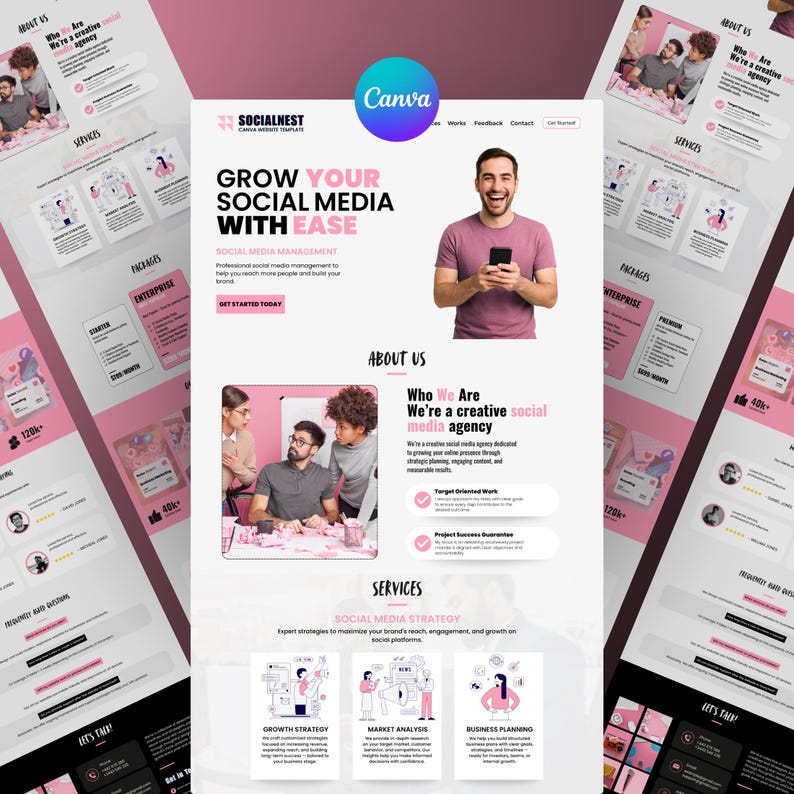 K&ouml;nnte beinhalten: Ein Website-Design in Rosa und Wei&szlig; mit dem Text "GROW YOUR SOCIAL MEDIA WITH EASE". Das Design umfasst Abschnitte f&uuml;r Dienstleistungen, Pakete und einen Abschnitt "&Uuml;ber uns". Ein Canva-Logo ist sichtbar.