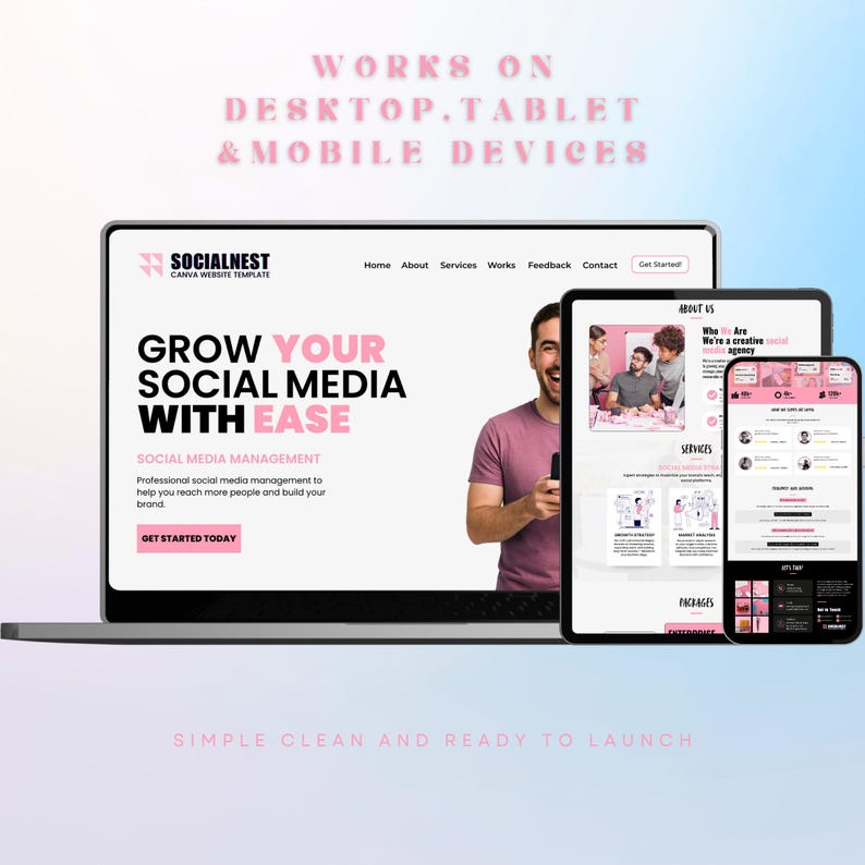 K&ouml;nnte beinhalten: Ein Laptop, ein Tablet und ein Smartphone zeigen eine Website-Vorlage mit dem Text "SOCIALNEST CANVA WEBSITE TEMPLATE". Die Website wirbt f&uuml;r Social-Media-Management mit dem Slogan "GROW YOUR SOCIAL MEDIA WITH EASE". Das Bild enth&auml;lt den Text "WORKS ON DESKTOP, TABLET & MOBILE DEVICES".