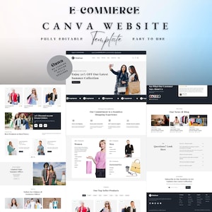 Op de afbeelding: Een digitale marketingafbeelding met een e-commerce Canva website template. Het ontwerp bevat verschillende website-indelingen, met secties voor productpresentaties, klantgetuigenissen en een blog. De tekst bevat "Geniet van 50% KORTING op onze nieuwste zomercollectie."