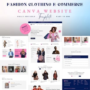 May include: A website template for fashion e-commerce, featuring a modern design with a pink and blue color scheme. The template includes sections for deals, top sellers, and customer testimonials. Text includes "Fashion Clothing E-Commerce" and "Canva Website Template".