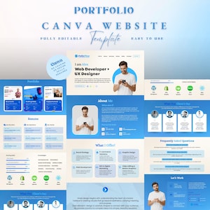 May include: A blue and white Canva website template with the text "Portfolio" and "Canva Website Template." The template includes sections for a resume, client testimonials, and frequently asked questions. The template is fully editable and easy to use.