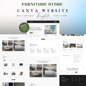 Könnte beinhalten: Eine Website-Vorlage für ein Möbelgeschäft mit minimalistischem Design. Die Vorlage ist vollständig editierbar und einfach zu bedienen. Das Design umfasst Bereiche für Bestseller-Produkte und exklusive Kategorien. Der Text enthält "Furniture Store" und "Canva Website Template".