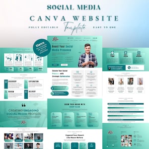 Könnte beinhalten: Ein türkisfarbenes und weißes Canva-Website-Template für Social Media, vollständig editierbar und einfach zu bedienen. Das Design enthält den Text "Boost Your Social Media Presence" und "Creating Engaging Social Media Profiles."