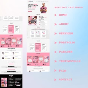 K&ouml;nnte beinhalten: Ein Website-Design mit einem rosa und wei&szlig;en Farbschema. Die Website enth&auml;lt Abschnitte f&uuml;r Home, About, Services, Portfolio, Packages, Testimonials, FAQs und Contact. Der Text "Grow Your Social Media With Ease" wird oben angezeigt.