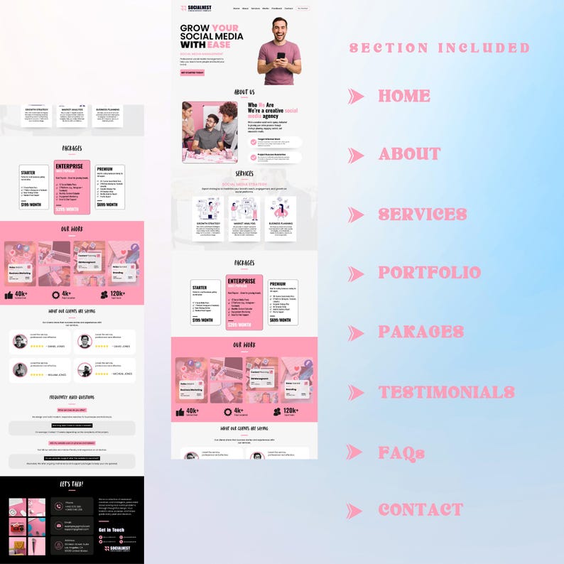 K&ouml;nnte beinhalten: Ein Website-Design mit einem rosa und wei&szlig;en Farbschema. Die Website enth&auml;lt Abschnitte f&uuml;r Home, About, Services, Portfolio, Packages, Testimonials, FAQs und Contact. Der Text "Grow Your Social Media With Ease" wird oben angezeigt.