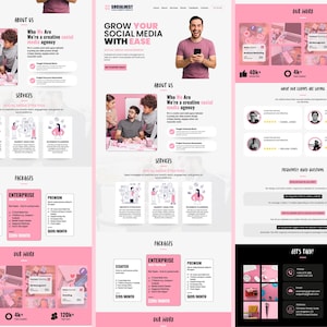 K&ouml;nnte beinhalten: Website-Design in Rosa und Wei&szlig; f&uuml;r eine Social-Media-Agentur. Das Design umfasst Bereiche f&uuml;r Dienstleistungen, Pakete und Kundenbewertungen. Grafiken und Text heben wichtige Funktionen hervor.