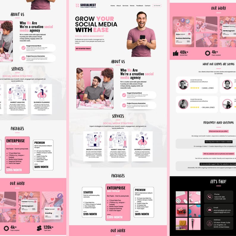 K&ouml;nnte beinhalten: Website-Design in Rosa und Wei&szlig; f&uuml;r eine Social-Media-Agentur. Das Design umfasst Bereiche f&uuml;r Dienstleistungen, Pakete und Kundenbewertungen. Grafiken und Text heben wichtige Funktionen hervor.
